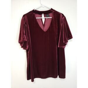 Worthington Sz 3X Velvet Choker Top Tunic Relaxed Cut Out Plunge V-Neck Wine
